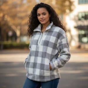 Abercrombie & Fitch Womens Gray White Buffalo Plaid Sherpa‎ Pullover Quarter Zip